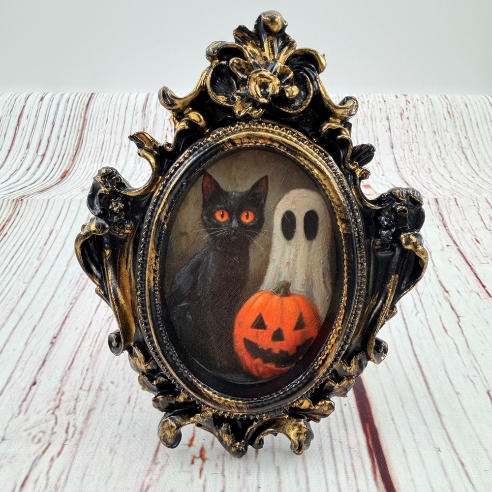 Halloween Black Cat Ghost Pumpkin Ornate Gothic Resin Frame Hand Crafted Art